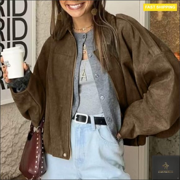 Oversized Faux Suede Bomber Jacket Long Sleeve Zipper Casual Outerwear - Picture 2 of 7